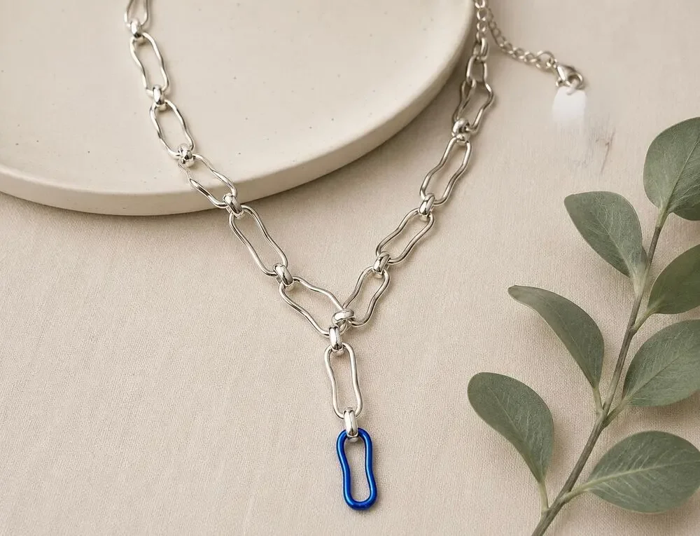 Ballet Silver Blue Link Choker Necklace Unique Paperclip Chain Statement NWT